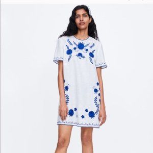 Zara White Linen Embroidered Dress Xs